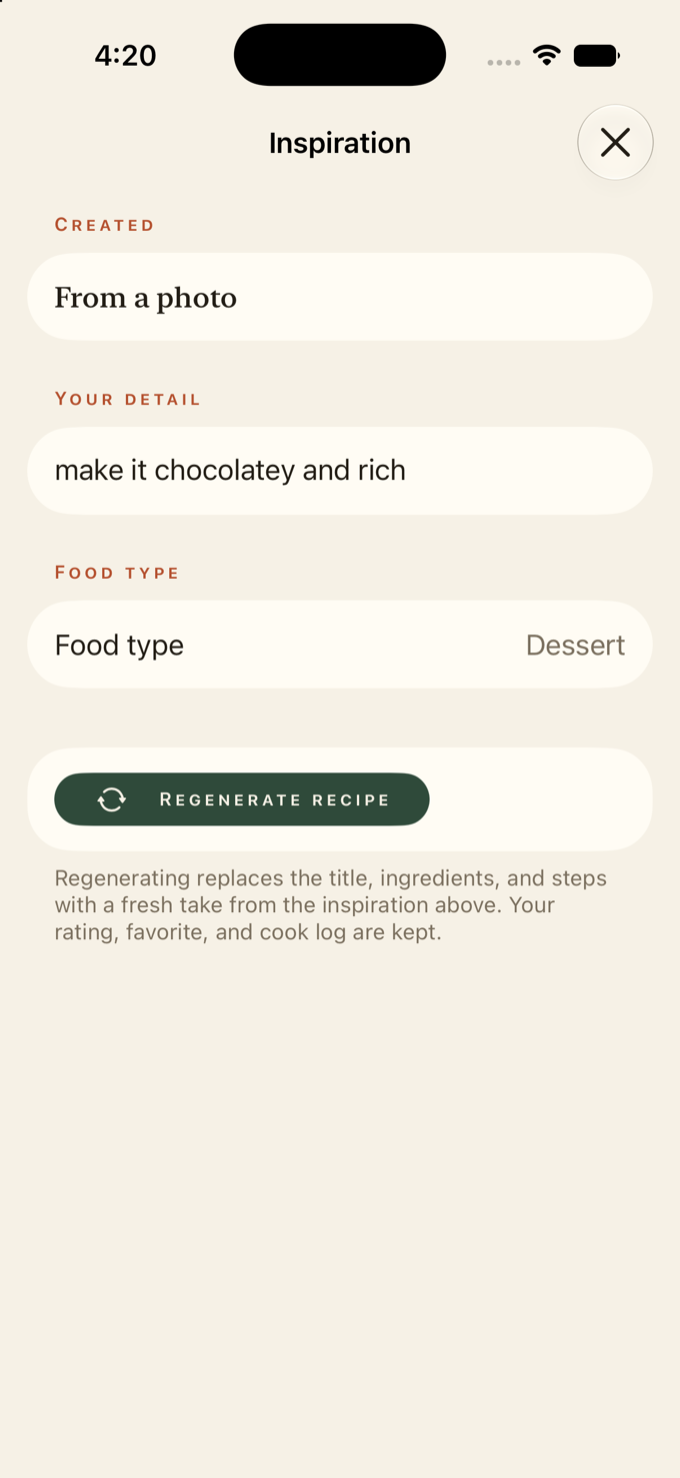 Creating a recipe from a photo in Inspo