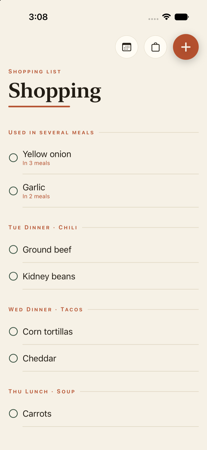 The Inspo shopping list grouped by meal